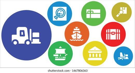 box icon set. 9 filled box icons.  Simple modern icons about  - Forklift, Pizza, Gift card, Ship, Bank, Shipping, Chest, Package
