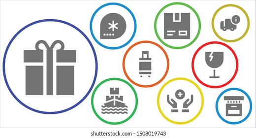 box icon set. 9 filled box icons.  Simple modern icons about  - Gift box, Winter, Cardboard, Ship, Donation, Suitcase, Fragile, Delivery,