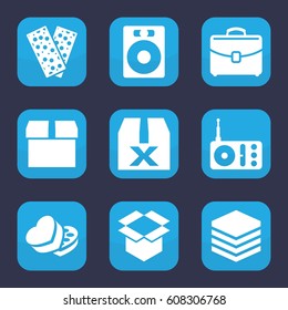 Box icon. set of 9 filled box icons such as bandage, radio, case, speaker