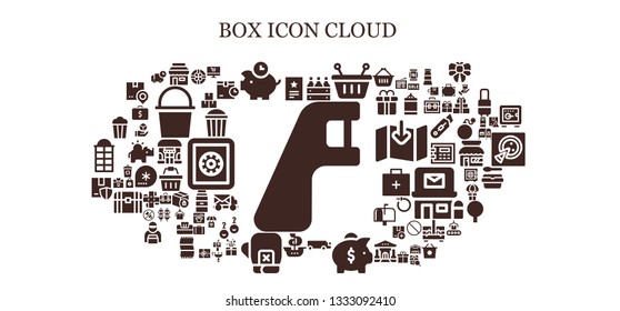 box icon set. 93 filled box icons.  Simple modern icons about  - Dental floss, Invitation, Shop, Piggybank, Beer box, Basket, Cargo truck, Piggy bank, Ship, Boxing gloves, Package
