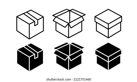 Box Icon Set. Black and white icon set of boxes illustration