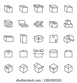 Cuadro, conjunto de iconos. Cajas de embalaje de cartón, iconos lineales. Línea con trazo editable