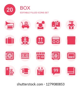 box icon set. Collection of 20 filled box icons included Gramophone, Luggage, Balance, Mailbox, Noodles, Ship, Package, Radio, Shop, Safe box, Bank, Pager, Conveyor, Towel, Box