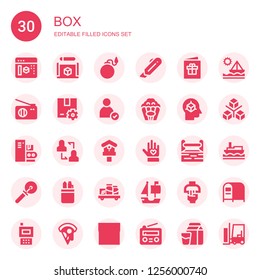 box icon set. Collection of 30 filled box icons included d modeling, Cube, Bomb, Cutter, Postcard, Radio, Package, Check, Popcorn, Conveyor, Discussion, Birdhouse, Voluntary, Toolbox