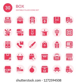 box icon set. Collection of 30 filled box icons included Box, Portable fridge, Mailbox, Coffee bag, Pencil case, Towel, Package, Radio, Archives, Shipping, Cutter, Shopping, Popcorn