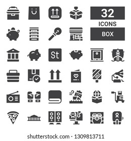box icon set. Collection of 32 filled box icons included Boxing, Chest, Mail box, Woofer, British museum, Pizza, Package, Ship, Towel, Boxing gloves, Radio, Gramophone, Sale, Invitation