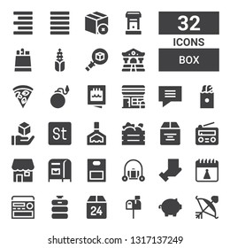 box icon set. Collection of 32 filled box icons included Cupid, Piggy bank, Letterbox, Box, Beer keg, Radio, Birthday, Package, Luggage, Paper bag, Mailbox, Shop, Fruit Holder