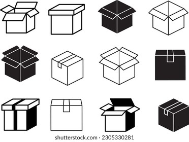 Box icon set. Delivery package, parcel box. Line and flat style design. Vector graphic illustration. Suitable for website design, logo, app, template, and Ai. EPS 10.