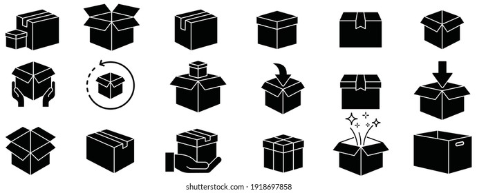 Box icon set in flat style, delivery box, Package, export boxes, cargo box, return parcel, gift box, open package, Shipment of goods, vector illustration