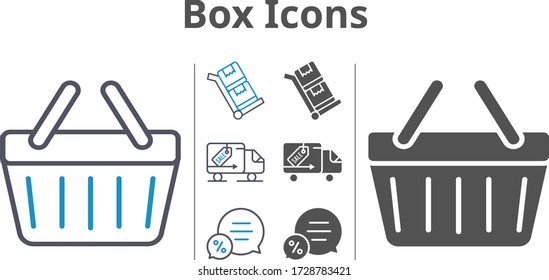 box icon set included chat, shopping-basket, delivery truck, trolley icons