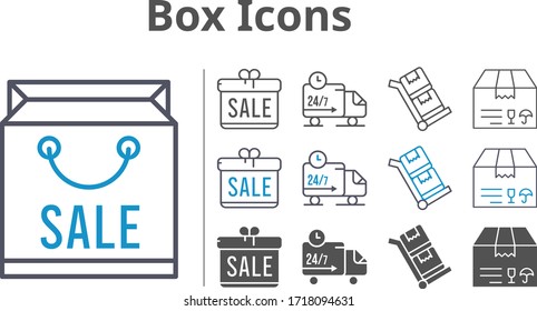 conjunto de iconos de caja incluidos regalo, bolsa de compra, paquete, camión de entrega, iconos de troleado