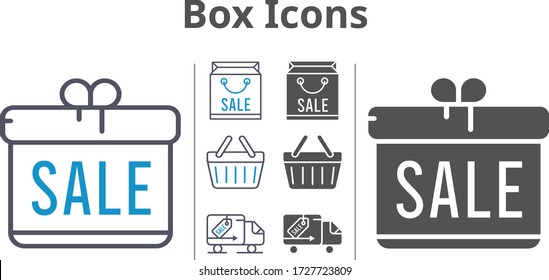 box icon set included gift, shopping bag, shopping-basket, delivery truck icons