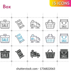 box icon set. included gift, shopping bag, shopping-basket, delivery truck, shopping basket, trolley icons on white background. linear, bicolor, filled styles.