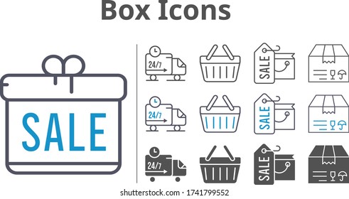 box icon set included gift, shopping bag, package, shopping-basket, delivery truck, shopping basket icons