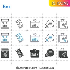 conjunto de iconos. regalo incluido, bolso de compra, chat, íconos del carro sobre fondo blanco. estilos lineales, bicolores, rellenos.