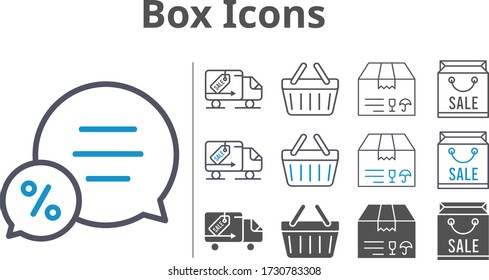 box icon set included shopping bag, package, chat, shopping-basket, delivery truck, shopping basket icons