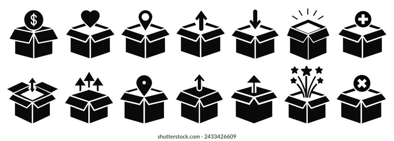 Box-Icon-Satz isoliert auf weißem Hintergrund. Leeren Sie den offenen Versandkarton oder das Unboxing-Linienkart.	
