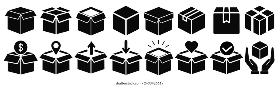 Box icon set isolated on white background. Delivery package vector set. Packing box sign.	
