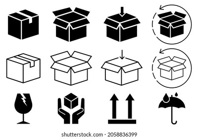 Box icon set in line style, delivery box, Package, export boxes, cargo box, return parcel, open package, with black fragile symbol, vector illustration