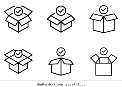 Box icon set in line style, delivery box, Package, export boxes, cargo box, return parcel, gift box, open package on white background