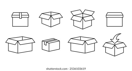 Conjunto de iconos de cuadro en estilo de línea. Icono conjunto de paquete caja de envío paquete paquete de entrega. cajas de exportación, caja de carga, caja de regalo, paquete abierto, Ilustración vectorial.