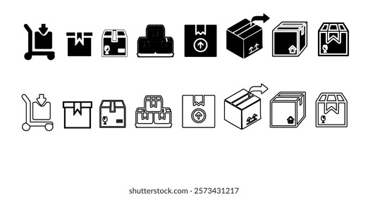 Box icon set in line style, delivery box, Package, export boxes, cargo box, return parcel, gift box, open package, Shipment of goods, vector illustration