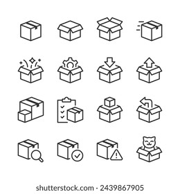 Box, icon set. Parcel linear icons. Open, Closed, Packages and more. Gears, Arrows, Checklists, Surprise Items, Magnifiers, Warnings, and Cat. Line with editable stroke