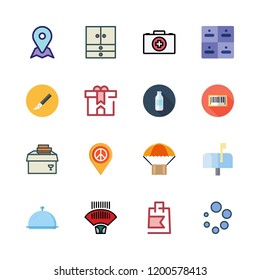 box icon set. vector set about mailbox, first aid kit, gift and barcode scanner icons set.
