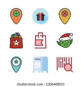 box icon set. vector set about barcode, mailbox, elf and shopping bag icons set.