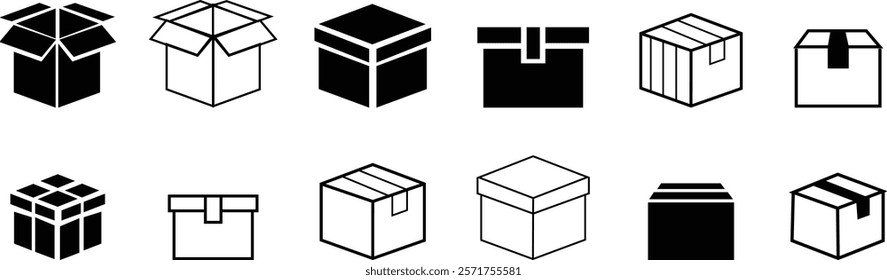 Box icon set, vector graphic design elements, delivery box or container icons. shopping sign, simple flat carton boxes, isolated on transparent background. Packaging for web, mobile apps ui design