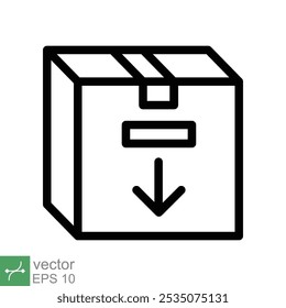 Box-Symbol. Einfaches Gliederungsformat. Paket, Paket, Post, Abholung, Lagerung, Verpackung, Fracht, Karton, Karton, Lieferkonzept. Dünne Vektorgrafik einzeln auf weißem Hintergrund. EPS 10.