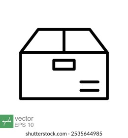 Box-Symbol. Einfaches Gliederungsformat. Paket, Paket, Post, Abholung, Lagerung, Verpackung, Fracht, Karton, Karton, Lieferkonzept. Dünne Vektorgrafik einzeln auf weißem Hintergrund. EPS 10.