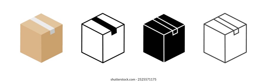Box icon. Solid, solid with outline, flat style, simple outline. Cardboard box mockup set.  