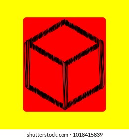 Box icon. Vector. Black scribble icon in red container with rounded corners at yellow background. Isolated.