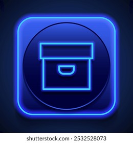 Box icon vector. Flat design. Blue neon style on button. With shadow.ai