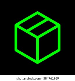 Box icon. Vector. Green icon on black background. Isolated.