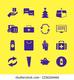 box icon. box vector icons set open box, gloves, first aid bag and speech clouds