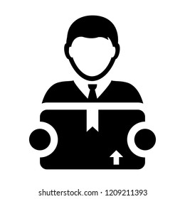 Box icon vector male logistics worker service person profile avatar with cargo package box for courier and delivery in Glyph Pictogram Symbol illustration