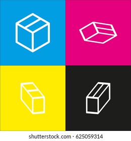 Box icon. Vector. White icon with isometric projections on cyan, magenta, yellow and black backgrounds.