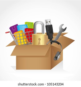 box with icons, contains USB cable, headphones, lock, and shopping cart packages.