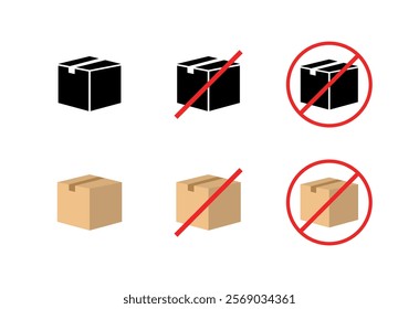 Box icons. No unpacking sign icons. Flat and silhouette style. Vector icons.