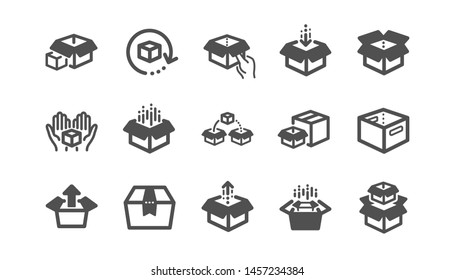 Box icons. Package, delivery boxes, cargo box. Cargo distribution, export boxes, return parcel icons. Shipment of goods, open package. Classic set. Quality set. Vector