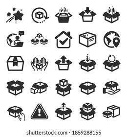 Box icons. Package, delivery boxes, cargo box. Cargo distribution, export boxes, return parcel icons. Shipment of goods, purchase container, open package. Logistics goods. Flat icon set. Vector