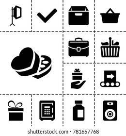 Box icons. set of 13 editable filled box icons such as medical bottle, safe, shopping bag, case, conveyor, tick, present, gift