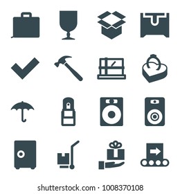 Box icons. set of 16 editable filled box icons such as parcel, speaker, case, safe, keep dry cargo, fragile cargo, cargo on cart, gift on hand, office supply, tick, conveyor