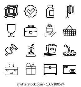 Box icons. set of 16 editable outline box icons such as chest, hummer, parcel, tick, chinese fast food, case, medical bottle, fragile cargo, no standing nearby, shopping bag