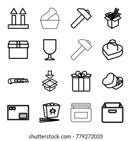 Box icons. set of 16 editable outline box icons such as hummer, chinese fast food, noodles fast food, cargo arrow up, fragile cargo, present, cutter, cream