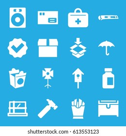 Box icons set. set of 16 box filled icons such as parcel, chest, hummer, french fries, take away food, nesting house, medical bottle, keep dry cargo, first aid kit, cutter