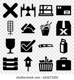 Box icons set. set of 16 box filled icons such as parcel, chinese fast food, nesting house, milk, fragile cargo, cutter, cross, napkin, shopping bag, tick