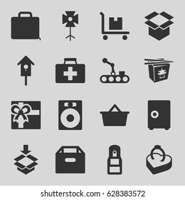 Box icons set. set of 16 box filled icons such as gift, chinese fast food, nesting house, first aid kit, cargo on cart, case, office supply, conveyor and robot arm